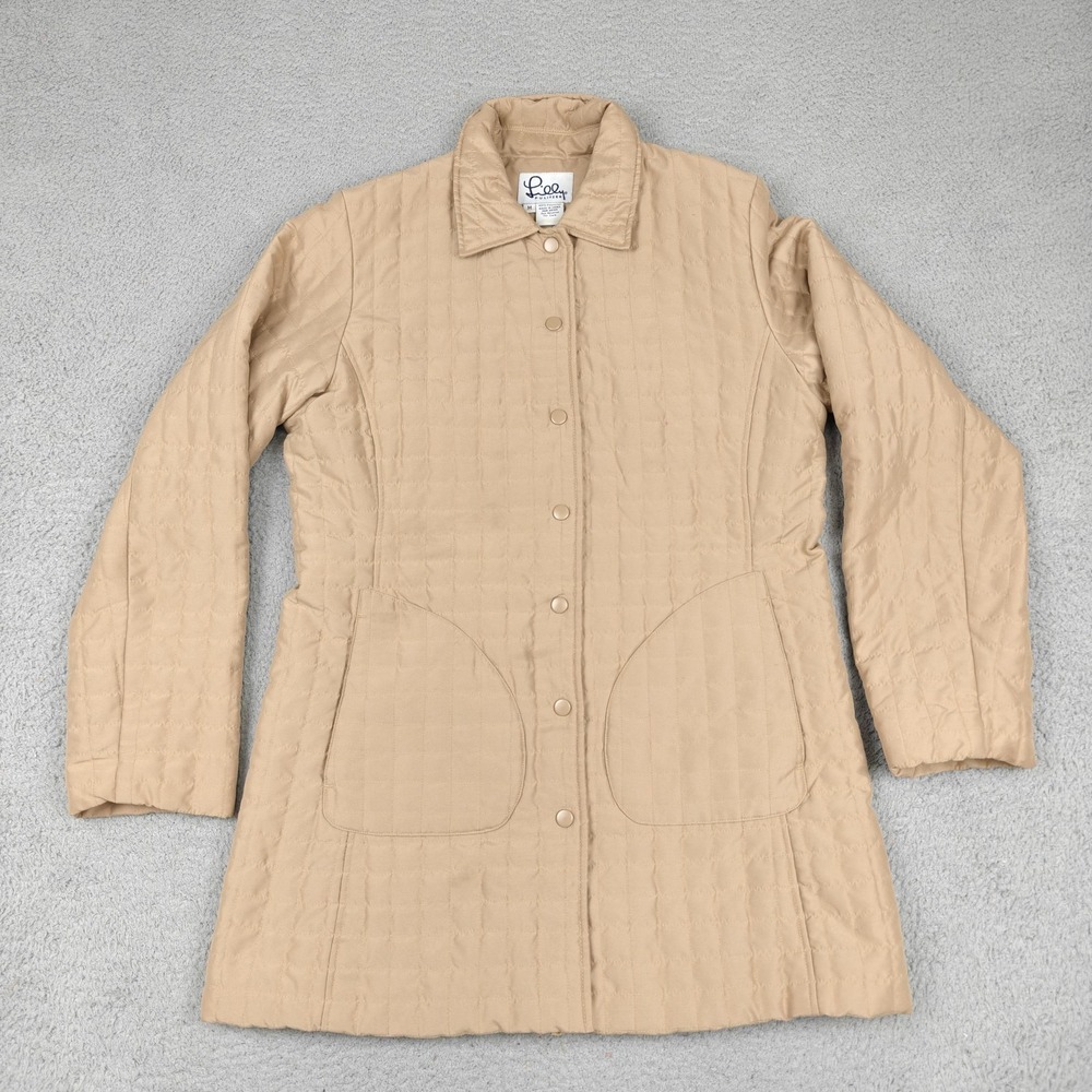 Lilly Pulitzer Coat Womens Medium Beige Quilted Snap Front Pockets Lined Warm